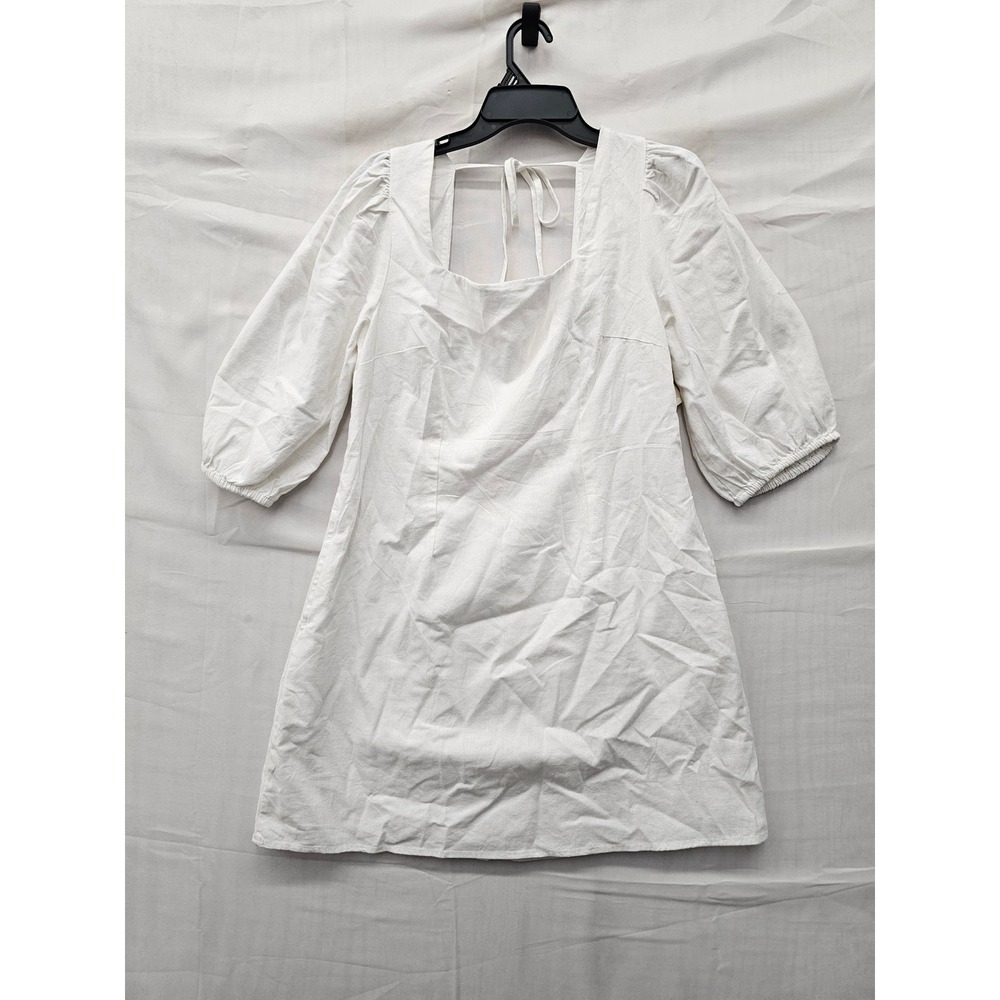 A New Day Womens Square Neck Puff Sleeve Mini Dress White Linen Size Medium